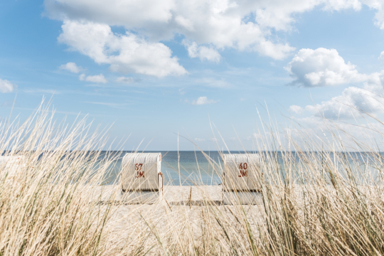 Zwei Strandkörbe von hinten am Sandstrand, dahinter das Meer, im Vordergrund leichtes Dünengras
